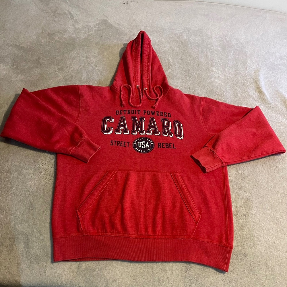 Vintage Detroit Powered Camaro Street Rebel Red Hoodie Sweatshirt Mens Large